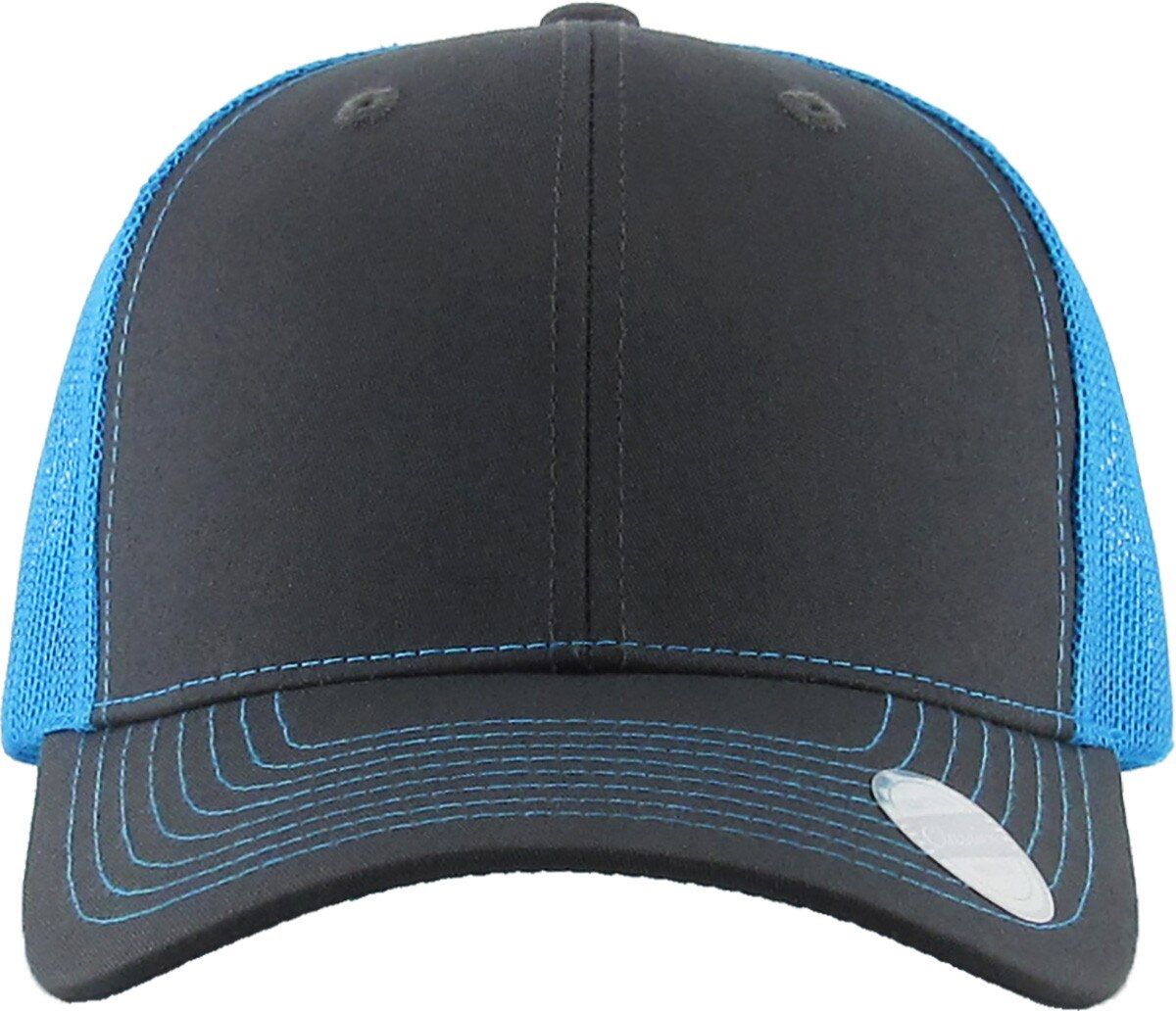 Dark Gray Neon Blue Two Tone Classic 6 Panel Trucker Mesh Snapback Front View